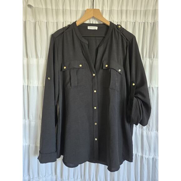 Calvin Klein Womens Large Black Button Down Chiffon Work Career Top Gold Buttons - Picture 1 of 7